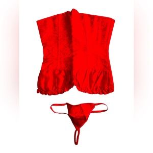 Floral Jacquard Lace Up Back Corset With Thong Shapewear Waist Trainer Corset